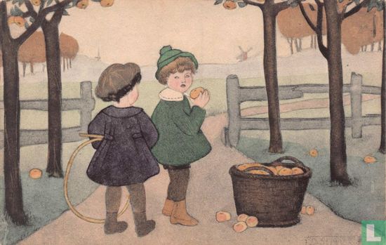 Kinderen met hoepel en mand appels - Image 1