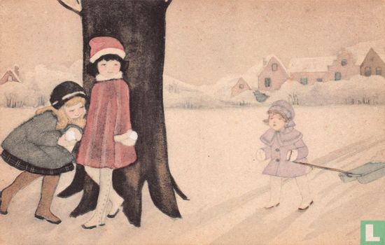 Kinderen met sneeuwbal en slee - Afbeelding 1