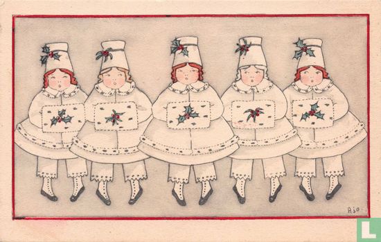 Vijf meisjes in wit gekleed en handen in moffen - Bild 1