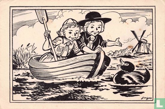 Twee kinderen in roeibootje - Afbeelding 1