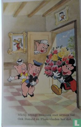 Mickey brengt bloemen met armen vol. Ook Donald en Pluto vinden het dol