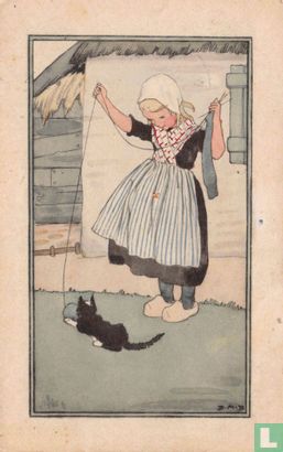 Meisje in klederdracht met poes met bol wol - Image 1