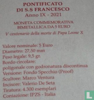Vaticaan 5 euro 2021 (PROOF) "500th anniversary Death of Pope Leo X" - Afbeelding 3