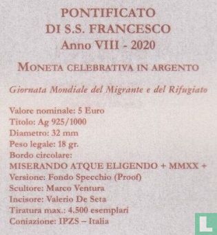 Vatikan 5 Euro 2020 (PROOF - ungefärbte) "World Day of migrants and refugees" - Bild 3