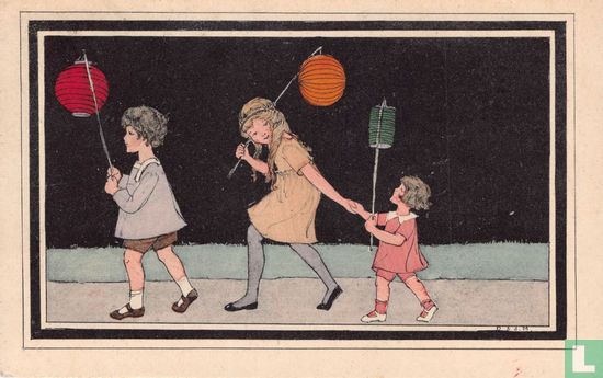 Drie kinderen lopen achter elkaar met lampions - Afbeelding 1