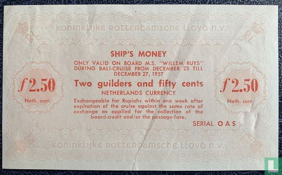 2,50 Gulden Rotterdamsche Lloyd "Ship's money" Willem Ruys  - Afbeelding 1