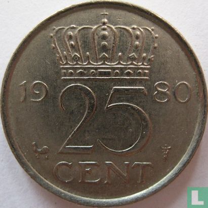 Pays-Bas 25 cent 1980 (fauté - tranche lisse) - Image 1