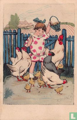 Meisje omringd door kippen en kuikens - Image 1