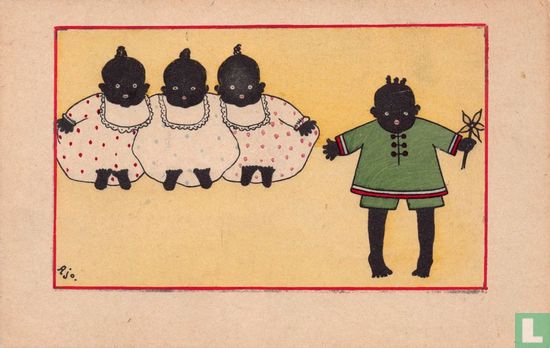 Drie zwarte meisjes met witte jurken en één zwart jongetje met groen pakje - Bild 1