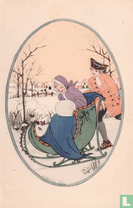 Man op schaatsen duwt vrouw in arreslee - Afbeelding 1