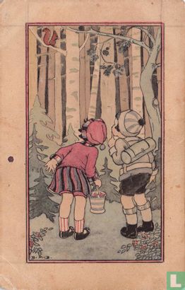 Twee kinderen in het bos kijken naar een eekhoorn - Bild 1