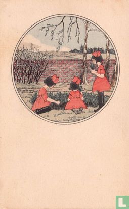 Drie meisjes met rode strik en jurk plukken bloemen - Image 1