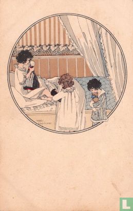 Drie meisjes met poppen in en bij bed - Afbeelding 1