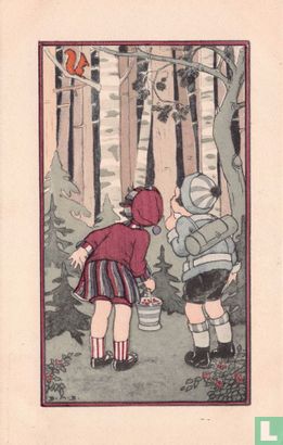 Twee kinderen in het bos kijken naar een eekhoorn - Afbeelding 1