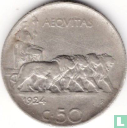 Italie 50 centesimi 1924 (tranche striée) - Image 1
