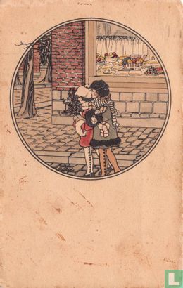 Twee kinderen met cadeautjes lopen langs winkelruit - Afbeelding 1
