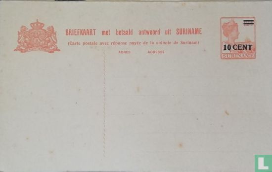 Briefkaart met betaald antwoord uit Suriname