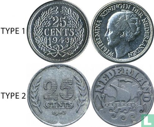 Pays-Bas 25 cents 1943 (type 1 - palmier et P) au service du Suriname et Curaçao - Image 3