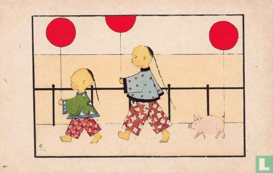 Twee Chineesjes en varken met ballonnen - Afbeelding 1