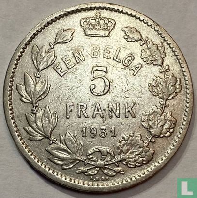 Belgique 5 francs 1931 (NLD - position B) - Image 1
