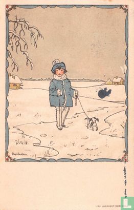 Meisje loopt met hondje door sneeuw - Image 1