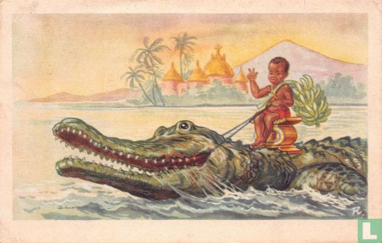 Donkere jongen zit op rug krokodil - Afbeelding 1