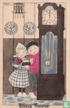 Jongen en meisje in klederdracht bij staande klok - Bild 1