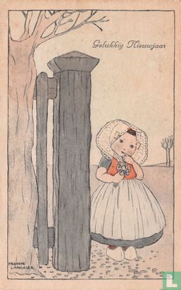 Meisje in klederdracht bij houten hek en boom - Image 1