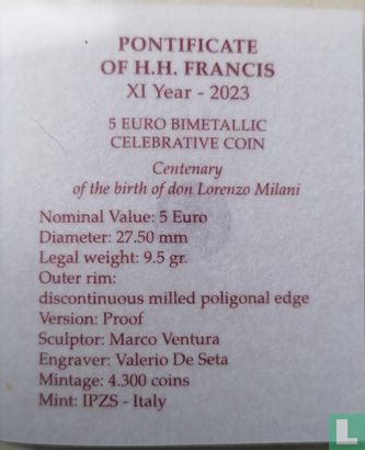 Vatikan 5 Euro 2023 (PP) "100th anniversary Birth of Don Lorenzo Milani" - Bild 3