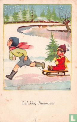 Jongen trekt slee met daarop meisje met Kerstboom - Afbeelding 1