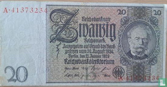 Duitsland 20 Reichsmark (Onderdrukletters A, B, C, D, E, F, G, H, I, K, L, N, S, X, Z  & "Kreuz-Iris" printing)  - Afbeelding 1