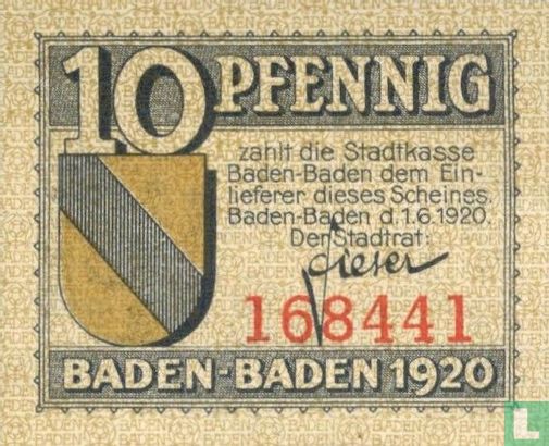 Baden Baden, Stadt - 10 Pfennig 1920 - Bild 1