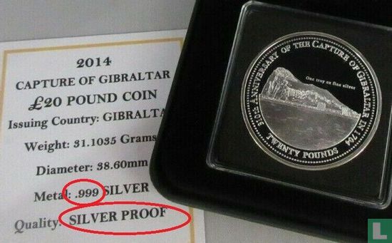 Gibraltar 20 pounds 2014 (PROOF) "310th anniversary of the capture of Gibraltar" - Afbeelding 3