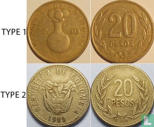Colombie 20 pesos 1989 (type 1) - Image 3