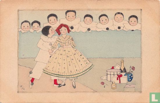 Pierrot met meisje en cadeautjes, acht pierrots kijken over heg - Image 1