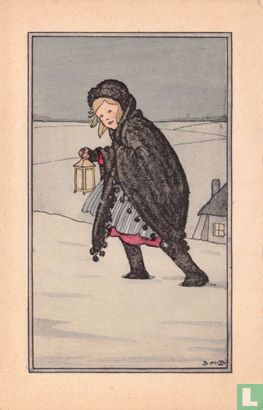 Meisje loopt door sneeuwlandschap met lantaarn - Afbeelding 1