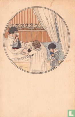 Drie meisjes met poppen in en bij bed - Afbeelding 1