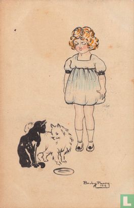 Meisje staat bij zwarte kat en witte hond - Afbeelding 1