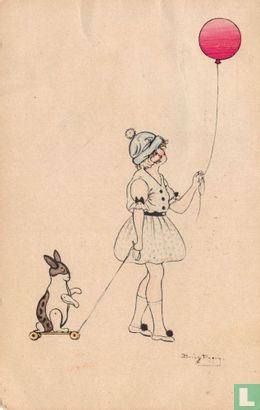 Meisje met rode ballon en houten konijn op wielen - Afbeelding 1