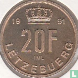 Luxemburg 20 francs 1991 - Afbeelding 1