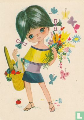 Kinderkaart meisje - bloemen - boodschappentas