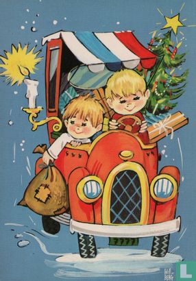 Kinderkaart kinderen in auto - Kerstboom - pakjes - Afbeelding 1
