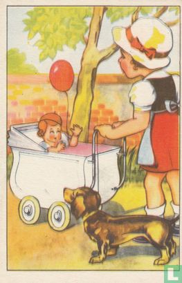 Kinderkaart meisje - pop - kinderwagen - hond