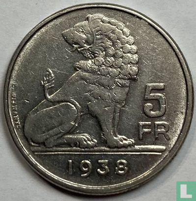 België 5 francs 1938 (FRA/NLD - randschrift met kronen - positie A) - Afbeelding 1