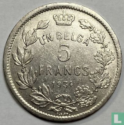 België 5 francs 1934 (positie B) - Afbeelding 1