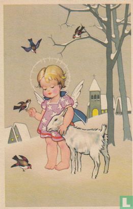 Kinderkaart engel - geit - dorp - bomen