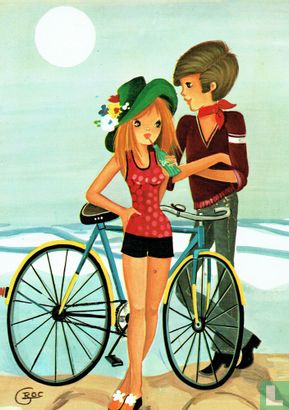 Meisje groene hoed met jongen bij gele fiets - Afbeelding 1