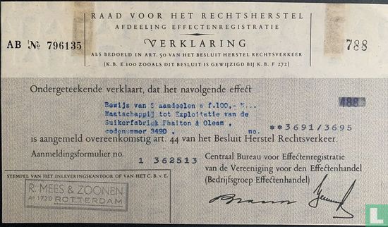 Verklaring 5 x Aandeel 100 Gulden Phaiton & Olean,1953, plus rechtsherstel - Image 1
