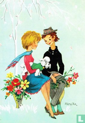Meisje met sjaal en hondje - Jongen met hoed en bloemen - Image 1