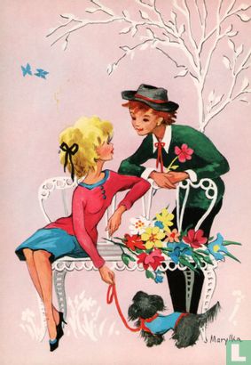 Meisje zittend op bankje met hondje - Jongen met hoed - bloem - Image 1